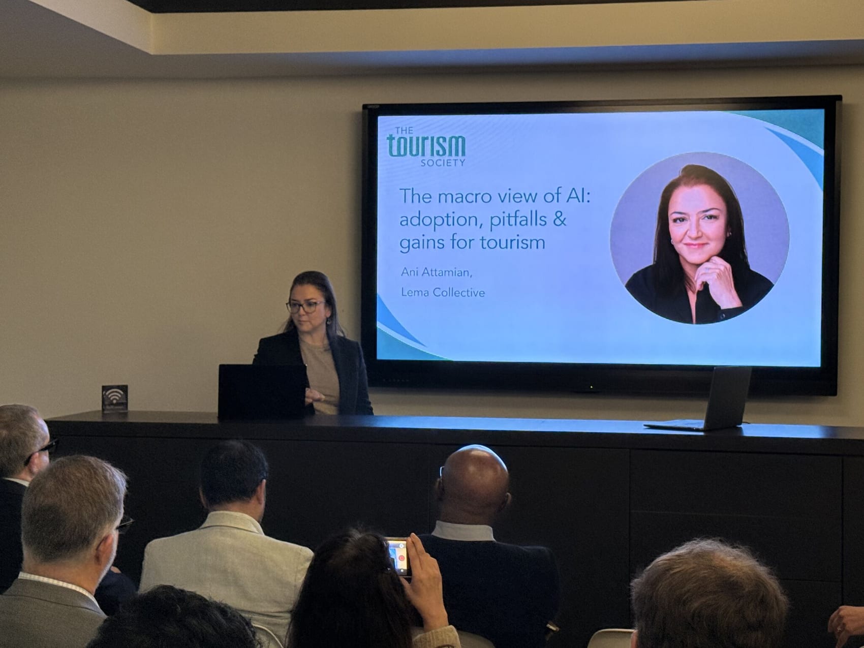 Ani Attamian presenting on the macro view of AI for tourism to The Tourism Society